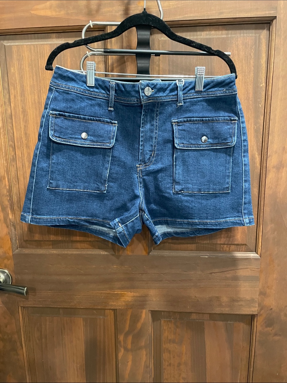 Dark Blue Denim Jean Shorts with Front Patch Pockets